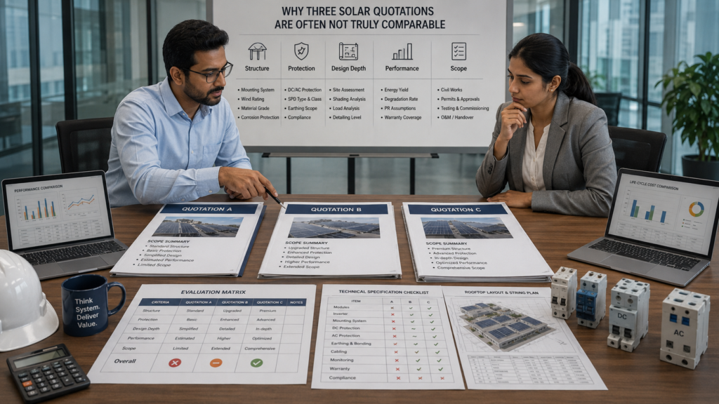 Procurement and engineering team comparing three solar quotations using technical scope, protection, performance, and lifecycle cost.