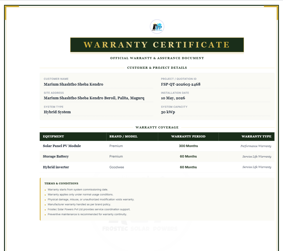 solar warranty service life document